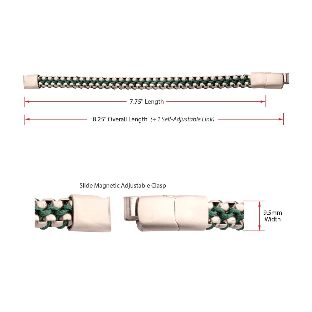 INOX Matte Finish Stainless Steel Box Chain with Green Wax Cord Bracelet