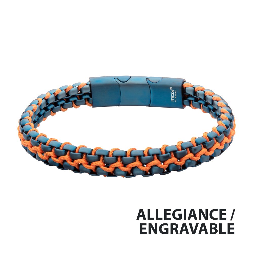 INOX Matte Finish Blue IP Stainless Steel Box Chain with Orange Wax Cord Bracelet