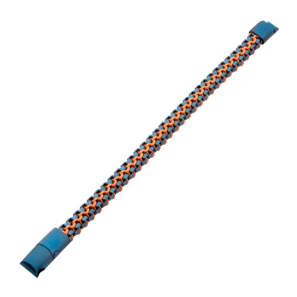 INOX Matte Finish Blue IP Stainless Steel Box Chain with Orange Wax Cord Bracelet