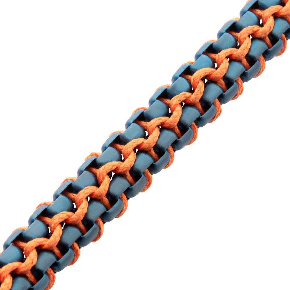 INOX Matte Finish Blue IP Stainless Steel Box Chain with Orange Wax Cord Bracelet