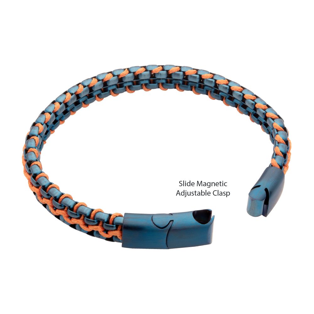 INOX Matte Finish Blue IP Stainless Steel Box Chain with Orange Wax Cord Bracelet