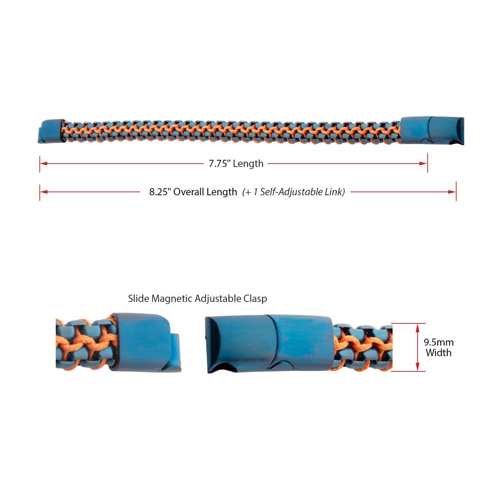 INOX Matte Finish Blue IP Stainless Steel Box Chain with Orange Wax Cord Bracelet