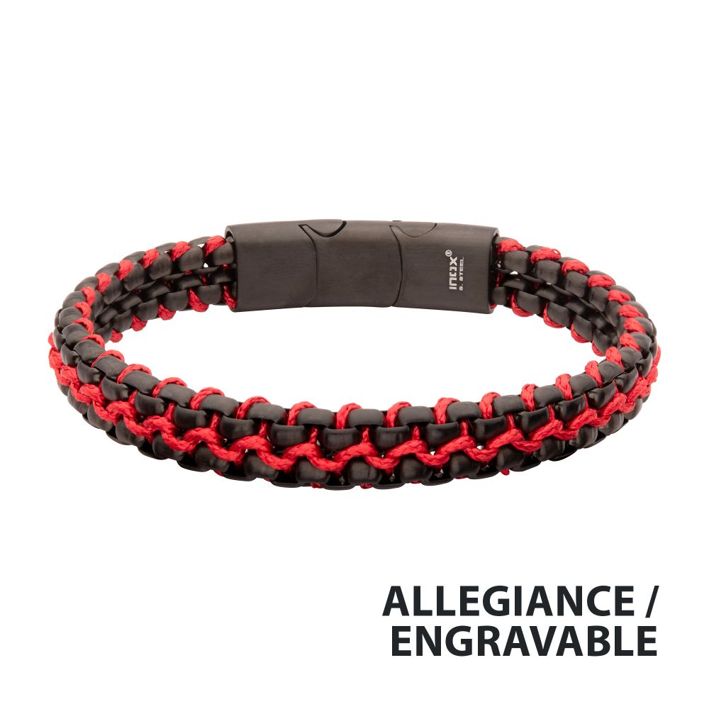 INOX Matte Finish Black IP Stainless Steel Box Chain with Red Wax Cord Bracelet