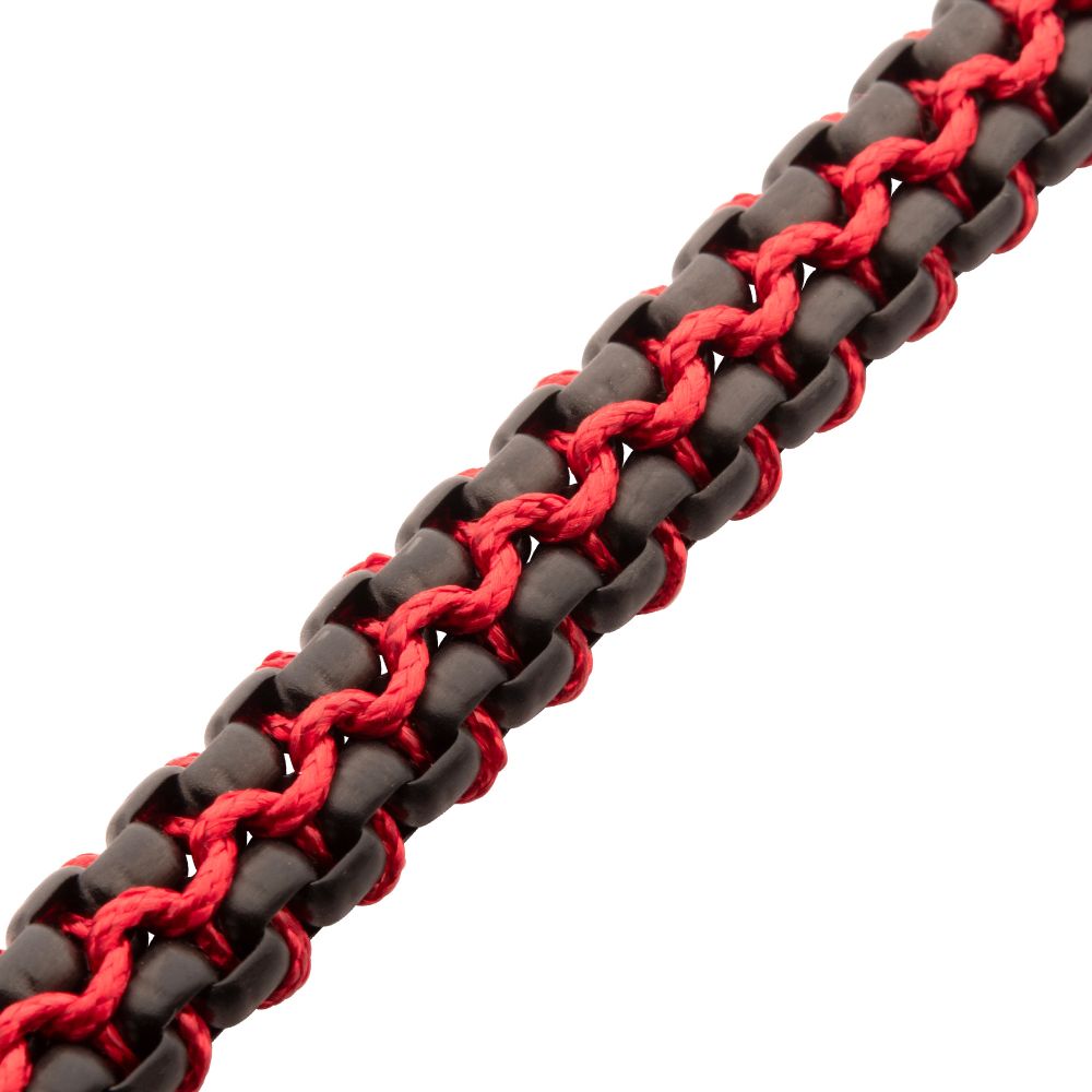 INOX Matte Finish Black IP Stainless Steel Box Chain with Red Wax Cord Bracelet