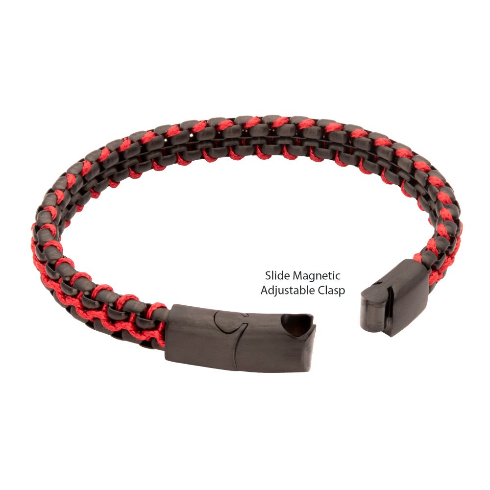 INOX Matte Finish Black IP Stainless Steel Box Chain with Red Wax Cord Bracelet