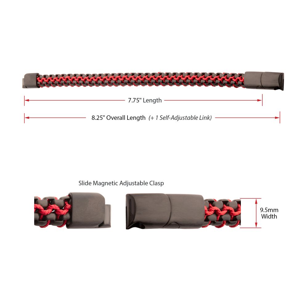 INOX Matte Finish Black IP Stainless Steel Box Chain with Red Wax Cord Bracelet