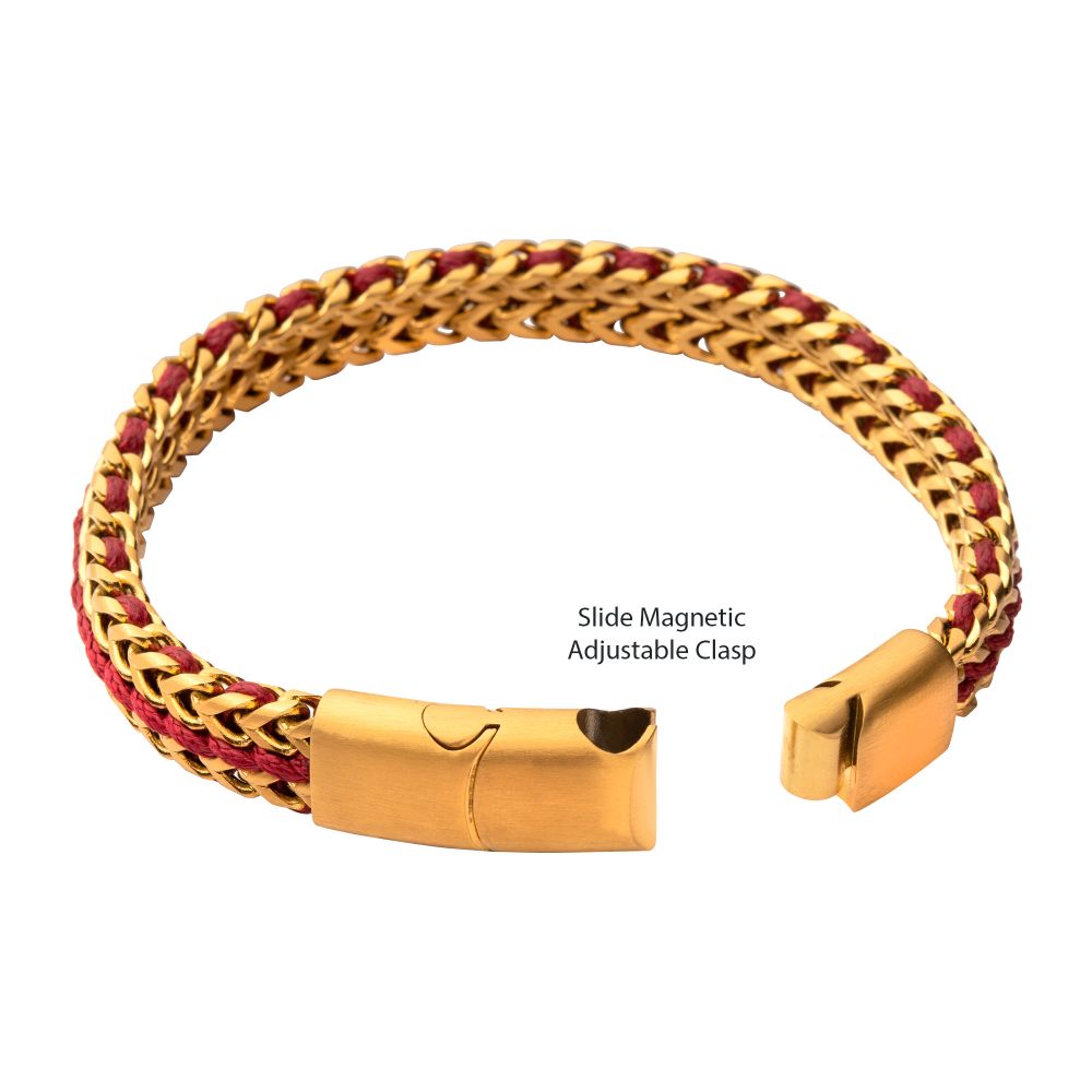 INOX Matte Finish Gold IP Stainless Steel Foxtail Chain with Red Wax Cord Bracelet