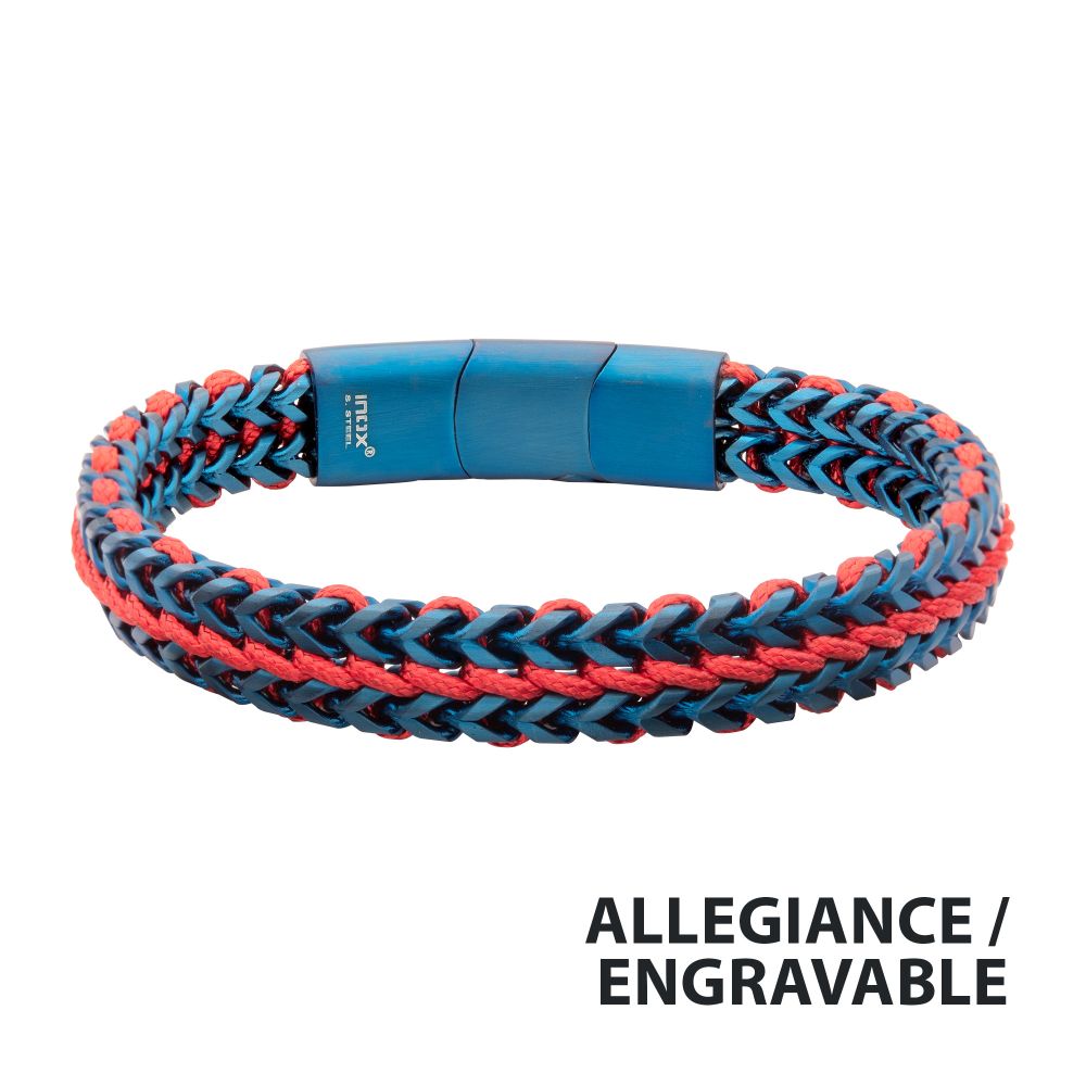 INOX Matte Finish Blue IP Stainless Steel Foxtail Chain with Red Wax Cord Bracelet