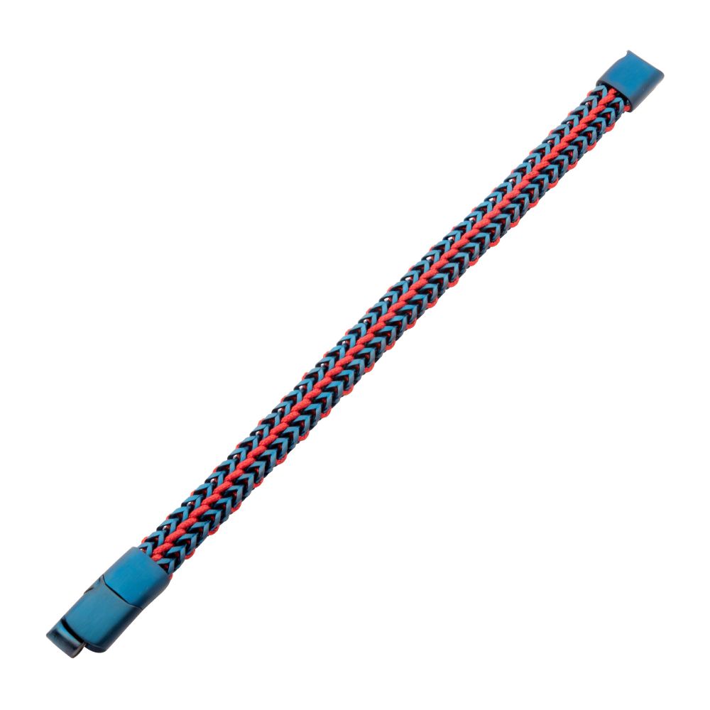 INOX Matte Finish Blue IP Stainless Steel Foxtail Chain with Red Wax Cord Bracelet