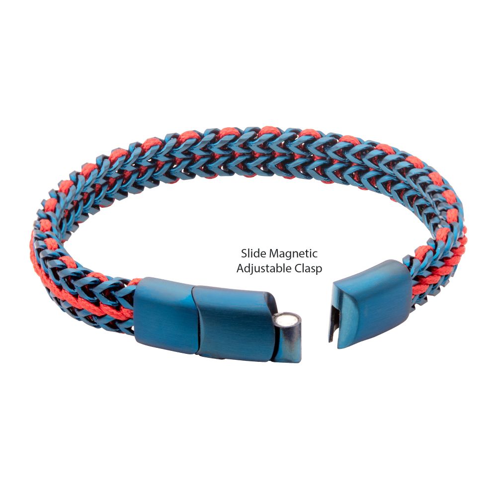 INOX Matte Finish Blue IP Stainless Steel Foxtail Chain with Red Wax Cord Bracelet