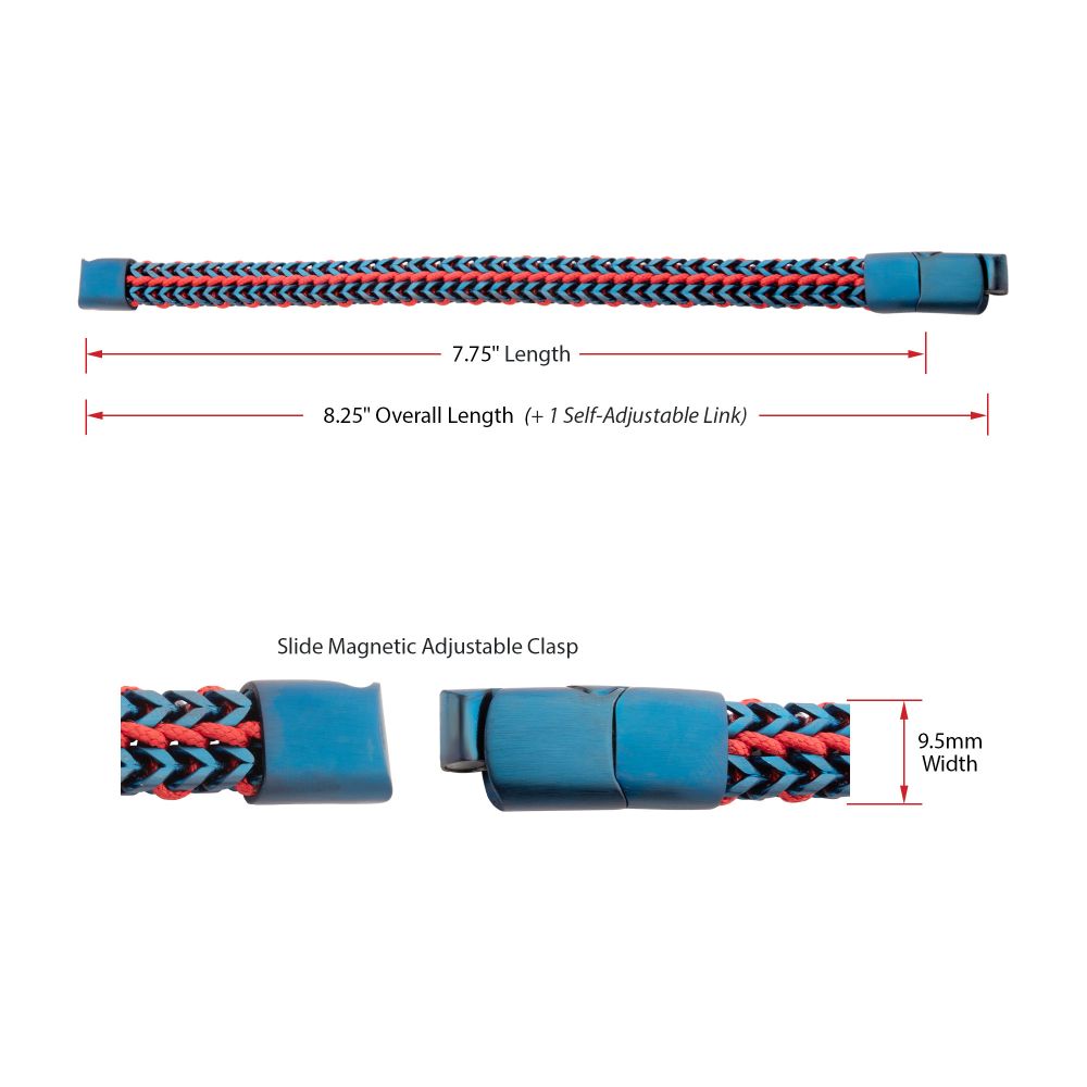 INOX Matte Finish Blue IP Stainless Steel Foxtail Chain with Red Wax Cord Bracelet