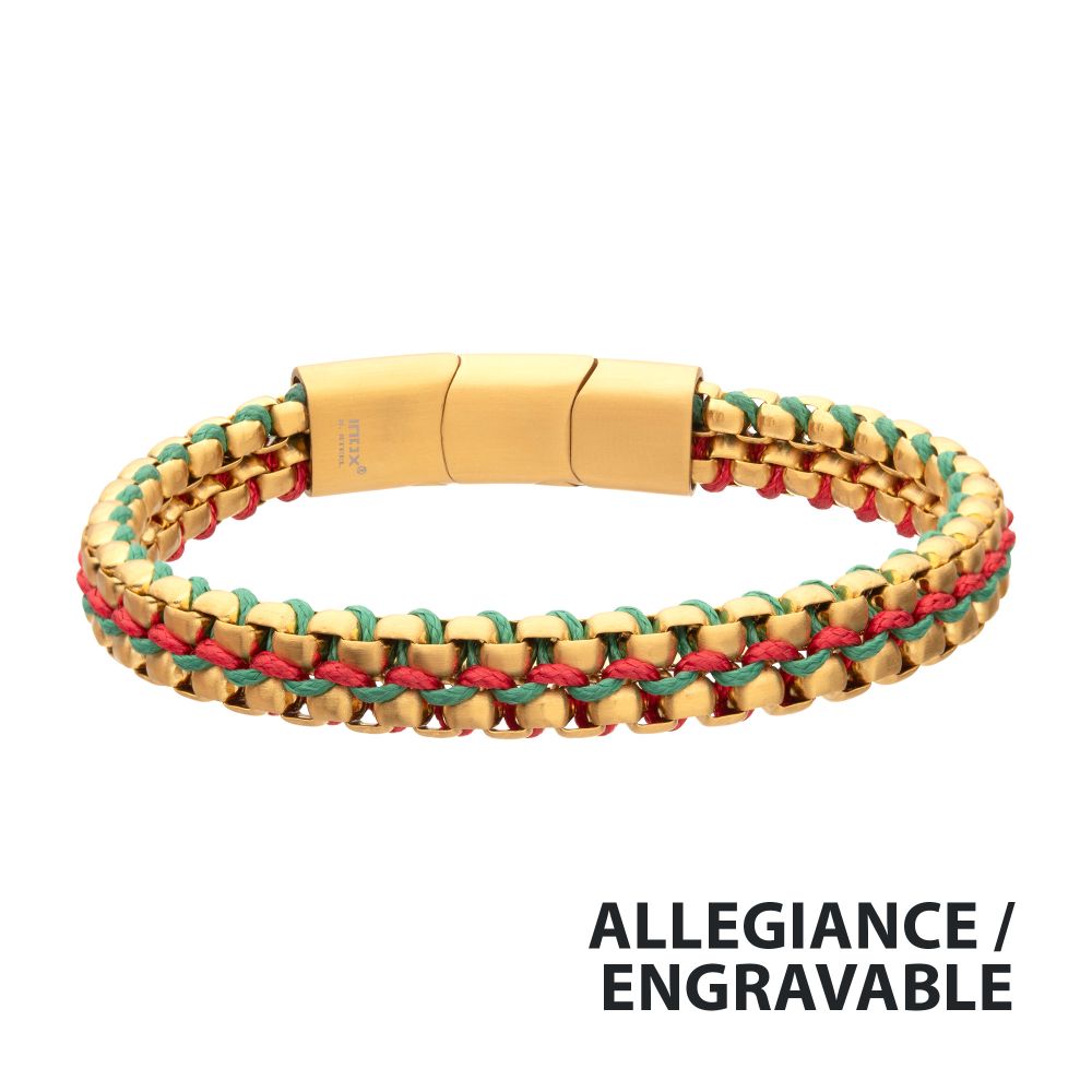 INOX Matte Finish Gold IP Stainless Steel Box Chain with Red and Green Wax Cord Bracelet