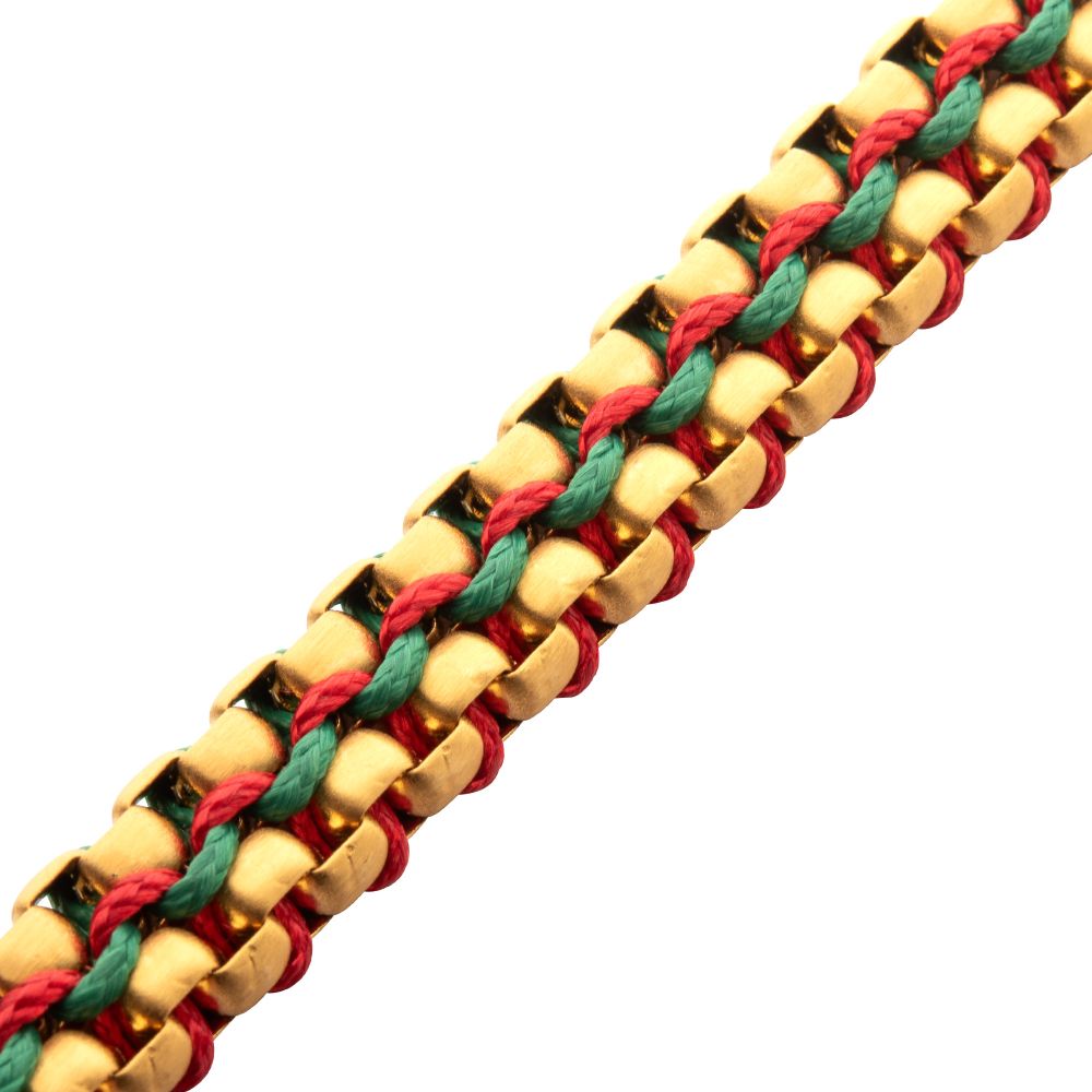 INOX Matte Finish Gold IP Stainless Steel Box Chain with Red and Green Wax Cord Bracelet