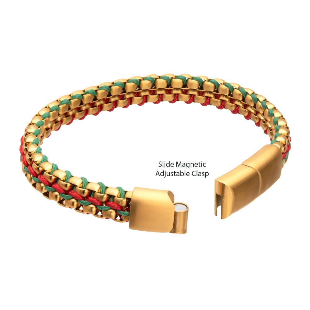 INOX Matte Finish Gold IP Stainless Steel Box Chain with Red and Green Wax Cord Bracelet