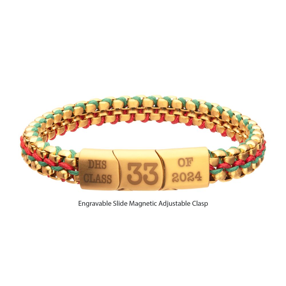 INOX Matte Finish Gold IP Stainless Steel Box Chain with Red and Green Wax Cord Bracelet