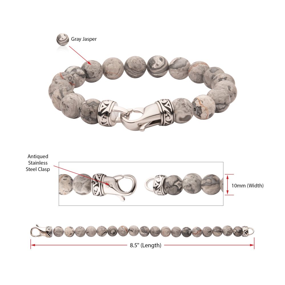 INOX 10mm Gray Jasper Stone Bead 8.5" Bracelet