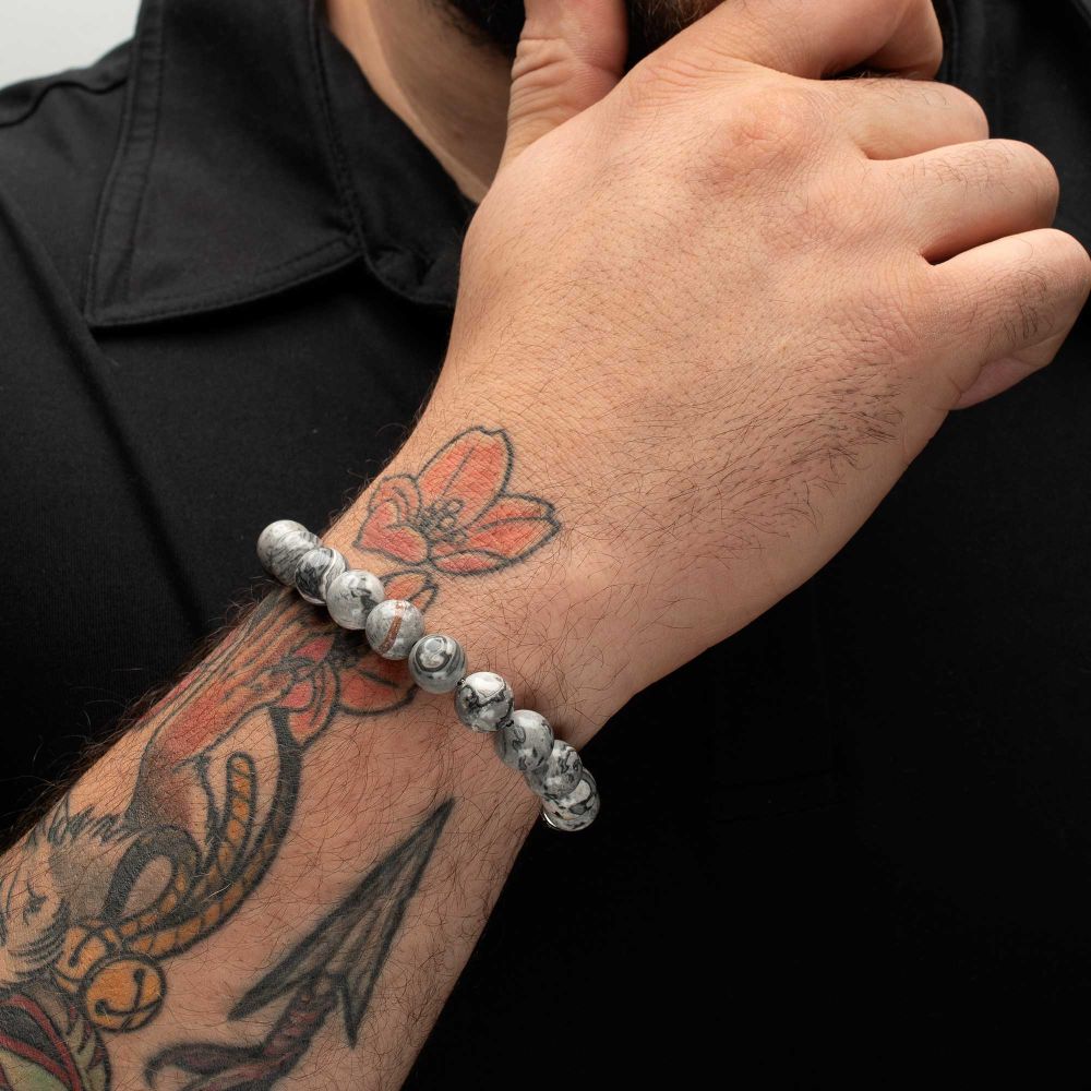 INOX 10mm Gray Jasper Stone Bead 8.5" Bracelet