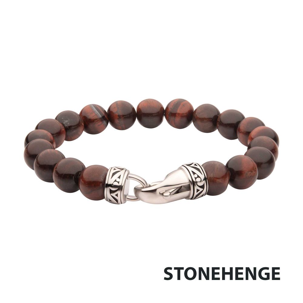 INOX 10mm Red Tiger Eye Stone Bead 8.5" Bracelet