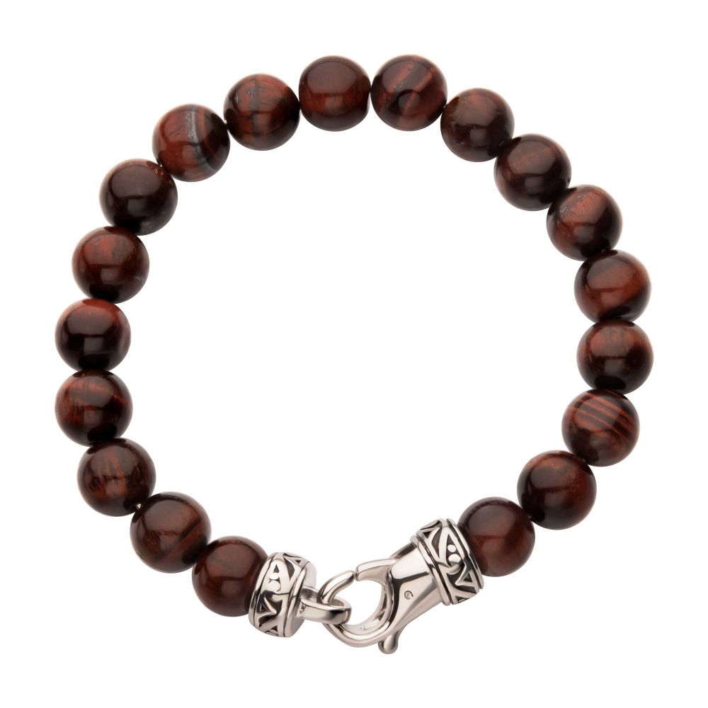 INOX 10mm Red Tiger Eye Stone Bead 8.5" Bracelet