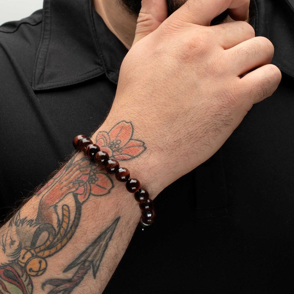 INOX 10mm Red Tiger Eye Stone Bead 8.5" Bracelet