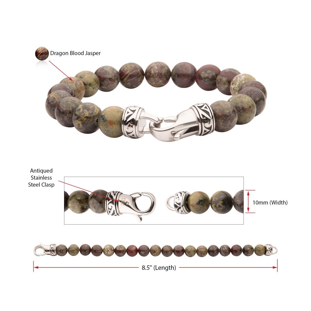 INOX 10mm Dragon Blood Jasper Stone Bead 8.5" Bracelet