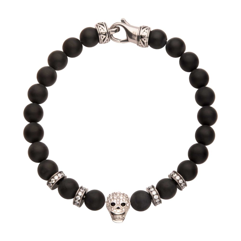 INOX 8mm Black Onyx Stone Bead 8.5" Bracelet with Pavé CZ Skelaton Head