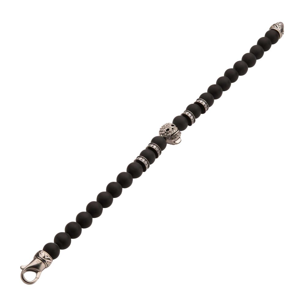 INOX 8mm Black Onyx Stone Bead 8.5" Bracelet with Pavé CZ Skelaton Head