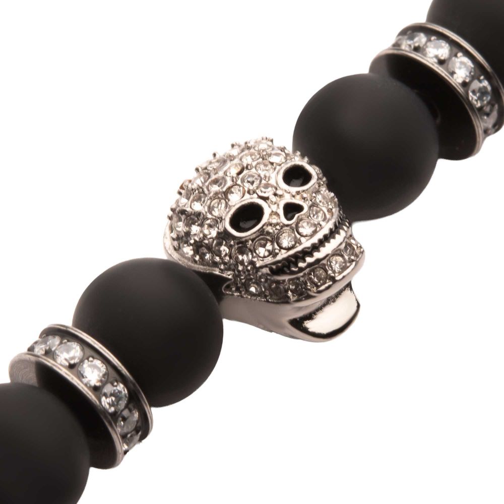 INOX 8mm Black Onyx Stone Bead 8.5" Bracelet with Pavé CZ Skelaton Head