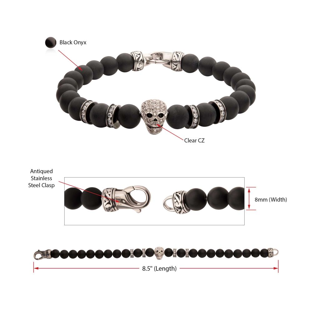 INOX 8mm Black Onyx Stone Bead 8.5" Bracelet with Pavé CZ Skelaton Head