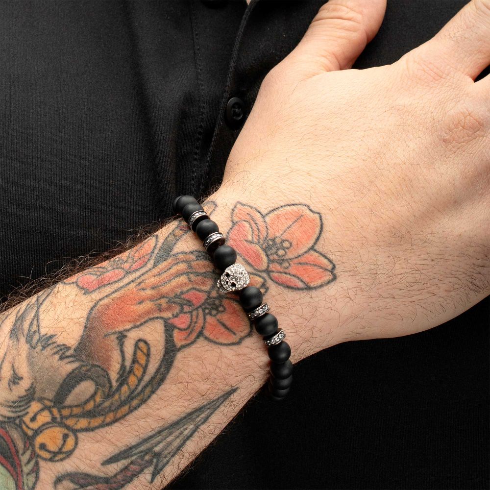 INOX 8mm Black Onyx Stone Bead 8.5" Bracelet with Pavé CZ Skelaton Head