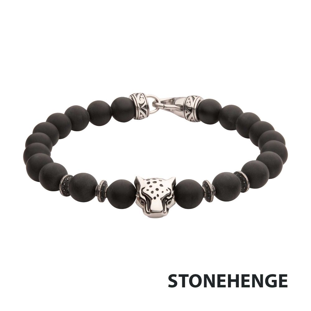 INOX 8mm Black Onyx Stone Bead 8.5" Bracelet with Leopard Head