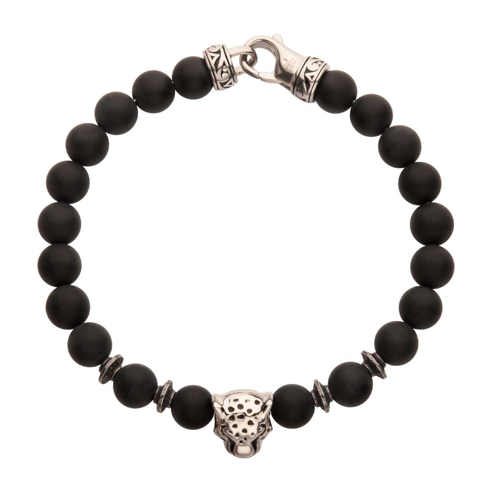 INOX 8mm Black Onyx Stone Bead 8.5" Bracelet with Leopard Head