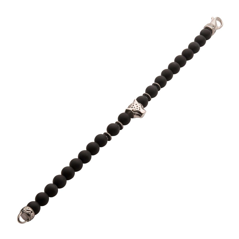 INOX 8mm Black Onyx Stone Bead 8.5" Bracelet with Leopard Head