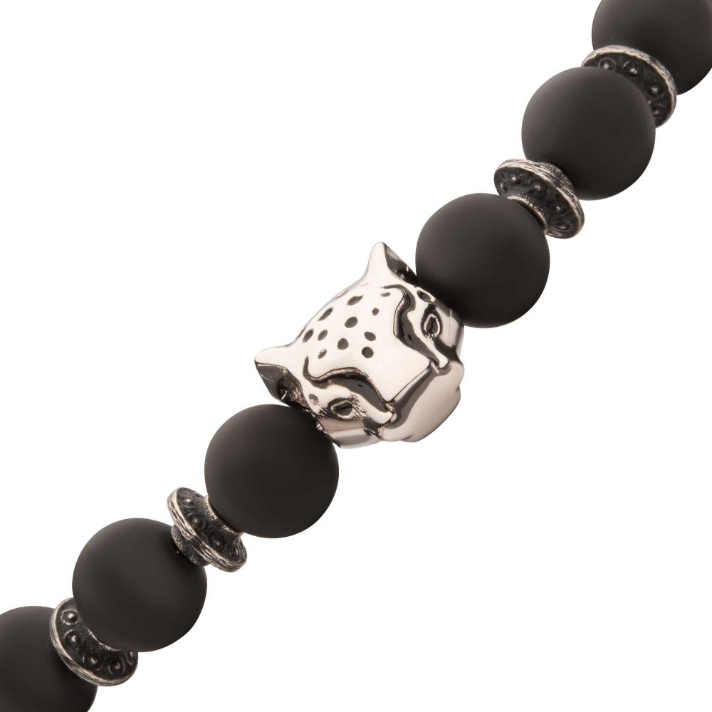 INOX 8mm Black Onyx Stone Bead 8.5" Bracelet with Leopard Head