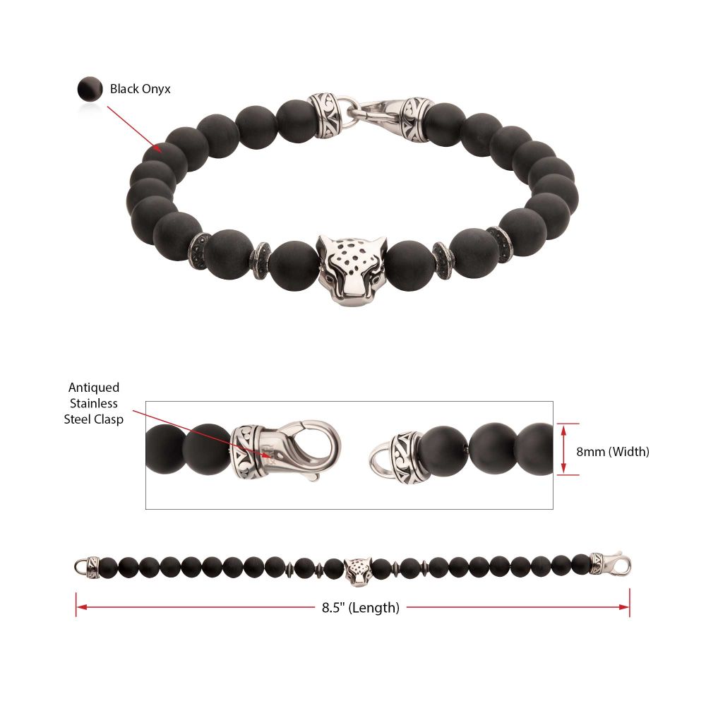 INOX 8mm Black Onyx Stone Bead 8.5" Bracelet with Leopard Head