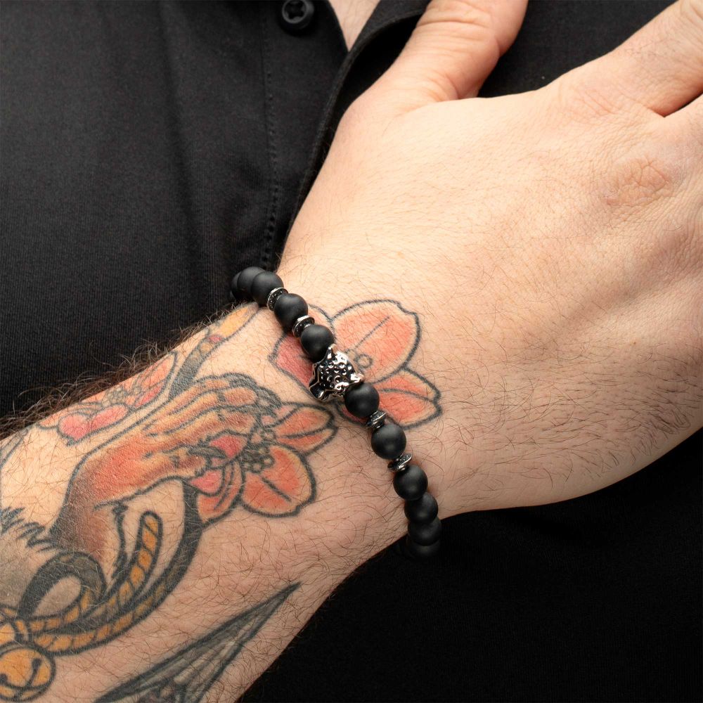 INOX 8mm Black Onyx Stone Bead 8.5" Bracelet with Leopard Head