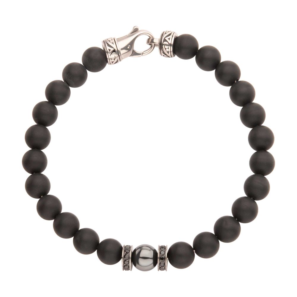 INOX 8mm Hematite and Black Onyx Stone Bead Black CZ Accented 8.5" Bracelet