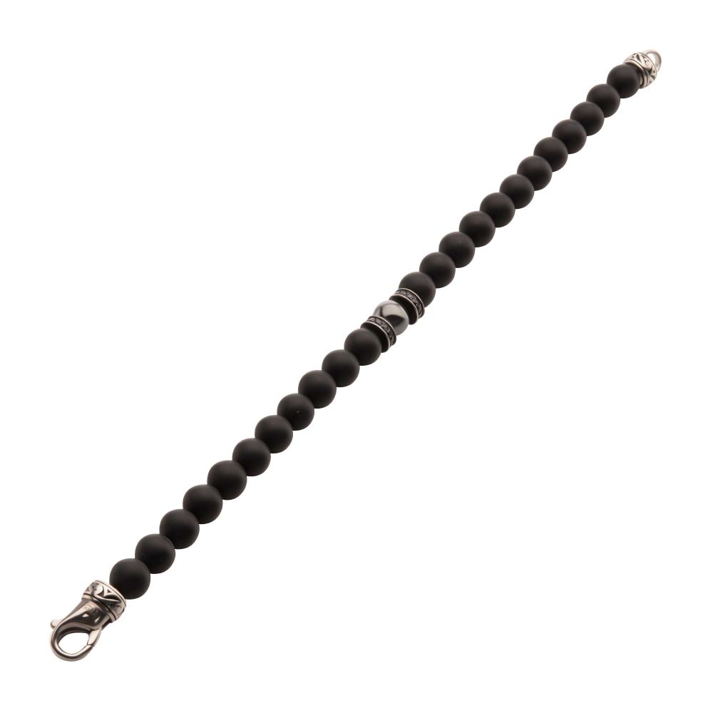 INOX 8mm Hematite and Black Onyx Stone Bead Black CZ Accented 8.5" Bracelet