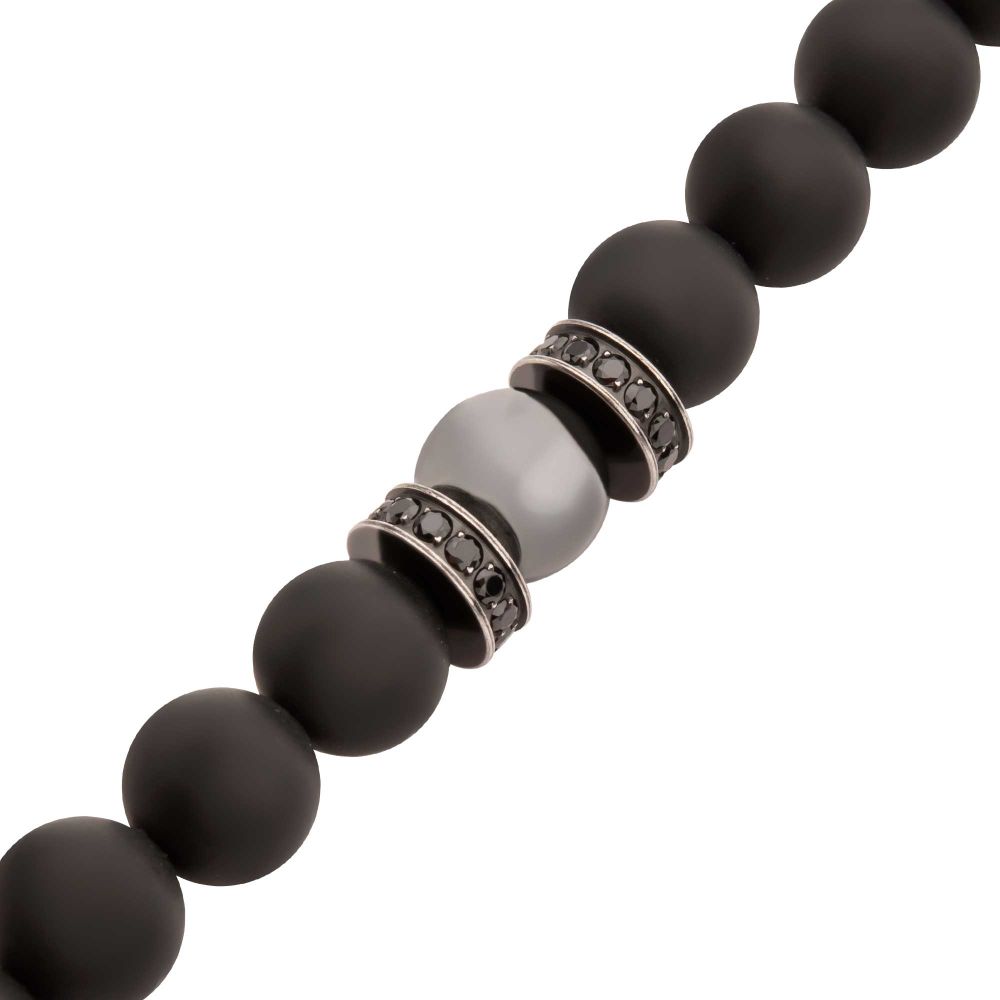 INOX 8mm Hematite and Black Onyx Stone Bead Black CZ Accented 8.5" Bracelet