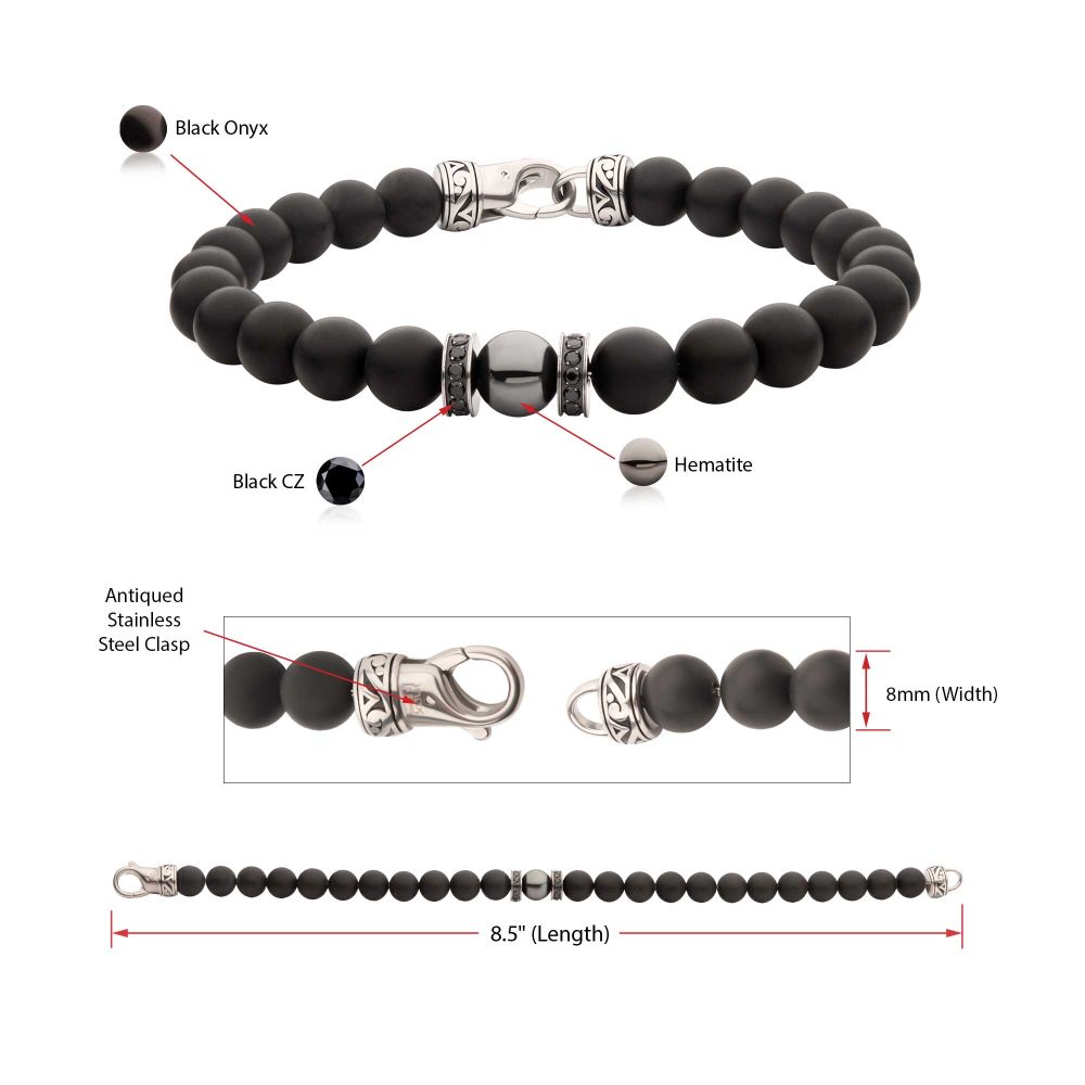 INOX 8mm Hematite and Black Onyx Stone Bead Black CZ Accented 8.5" Bracelet