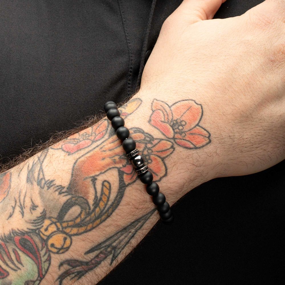 INOX 8mm Hematite and Black Onyx Stone Bead Black CZ Accented 8.5" Bracelet