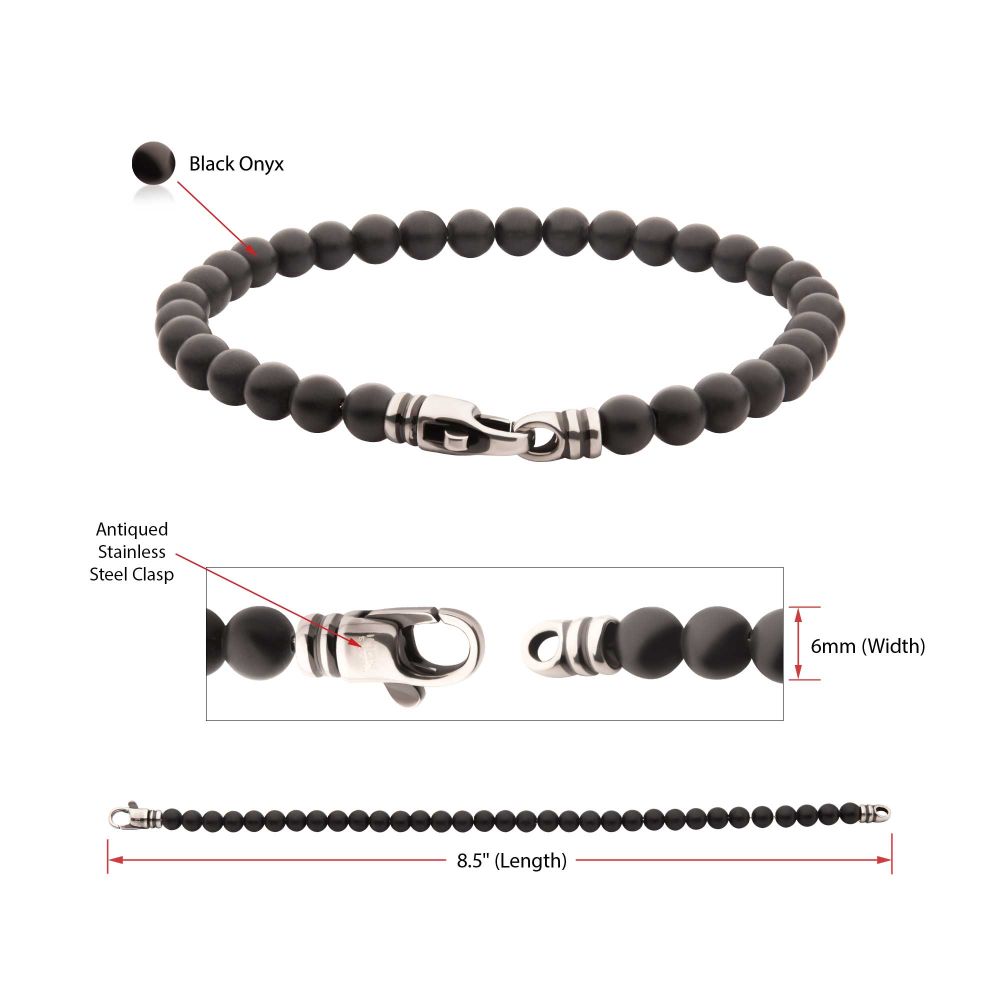 INOX 6mm Black Onyx Stone Bead 8.5" Bracelet