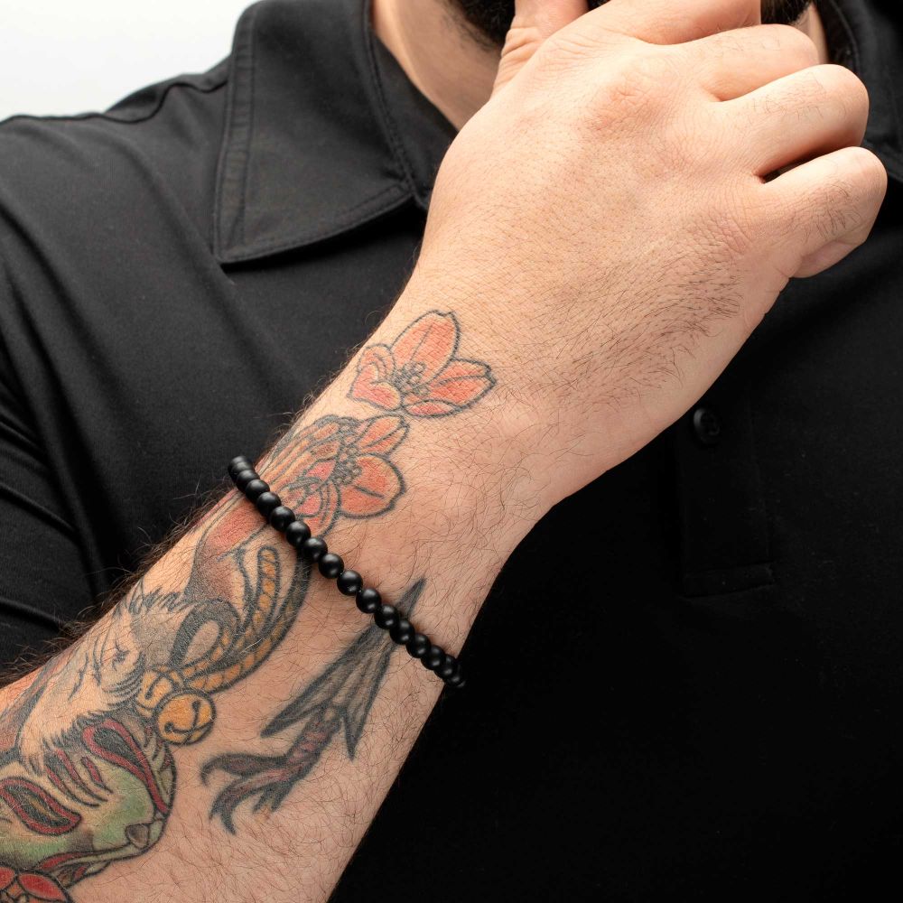 INOX 6mm Black Onyx Stone Bead 8.5" Bracelet