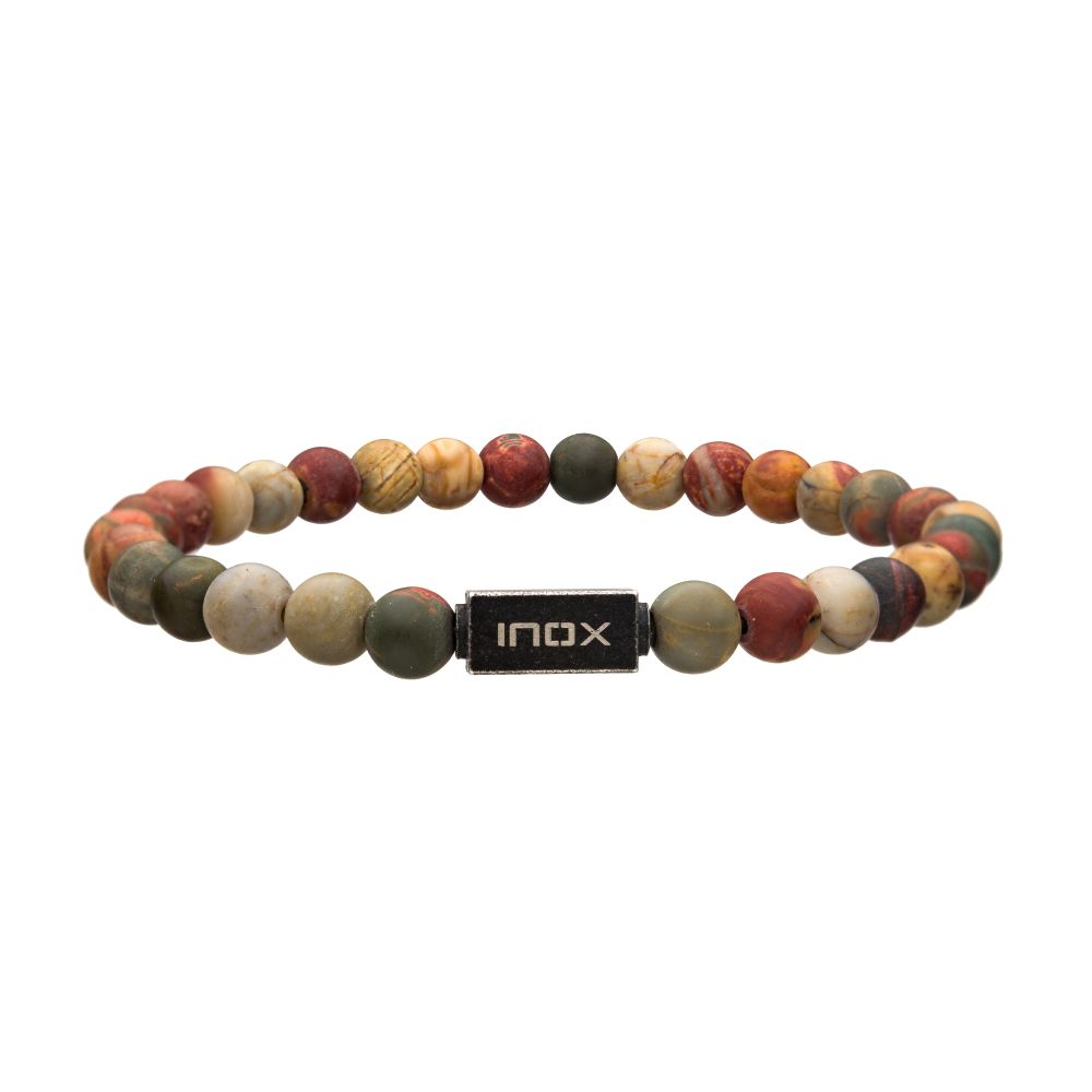 Back View INOX Matte Picaso Gemstone Stretch Bead Bracelet with Steel Clasp