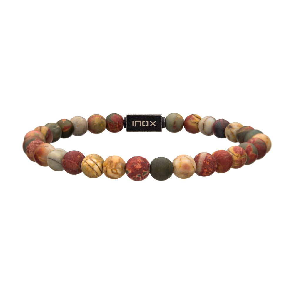 Front View INOX Matte Picaso Gemstone Stretch Bead Bracelet with Steel Clasp