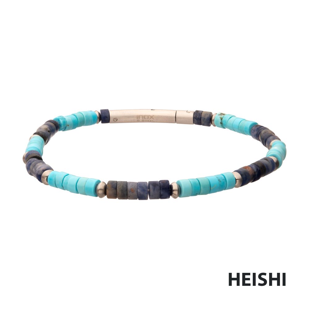 Front View INOX Azure Voyager (Turquoise / Sodalite) Heishi Bead Bracelet