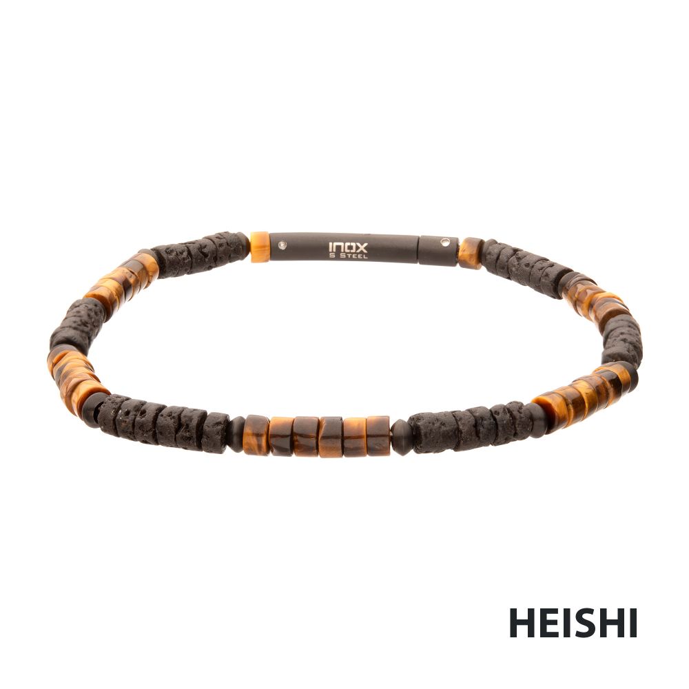 Front View INOX Magma Tiger (Tiger-eye / Lava) Heishi Bead Bracelet
