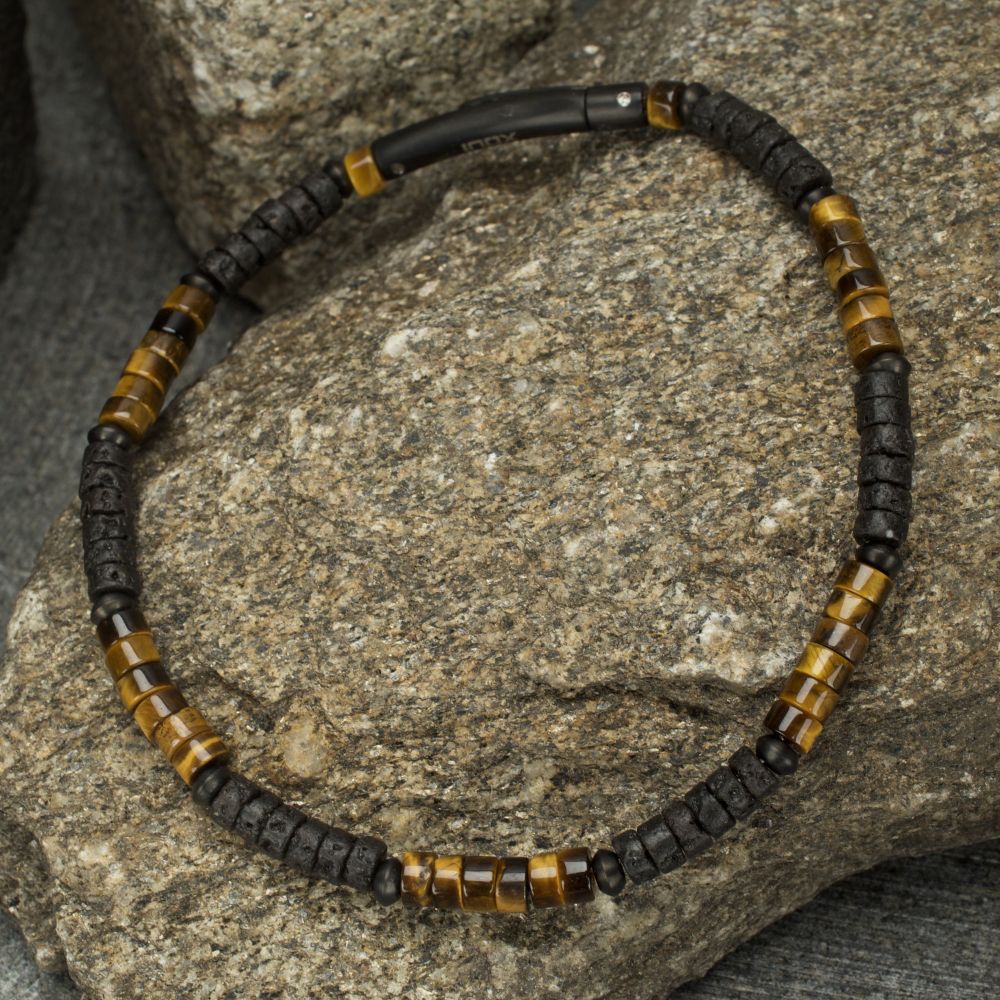 Alternate Side View INOX Magma Tiger (Tiger-eye / Lava) Heishi Bead Bracelet
