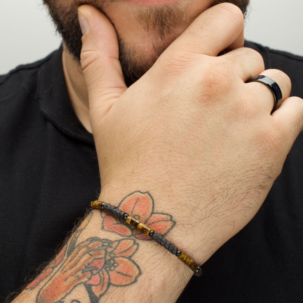 Arm View INOX Magma Tiger (Tiger-eye / Lava) Heishi Bead Bracelet