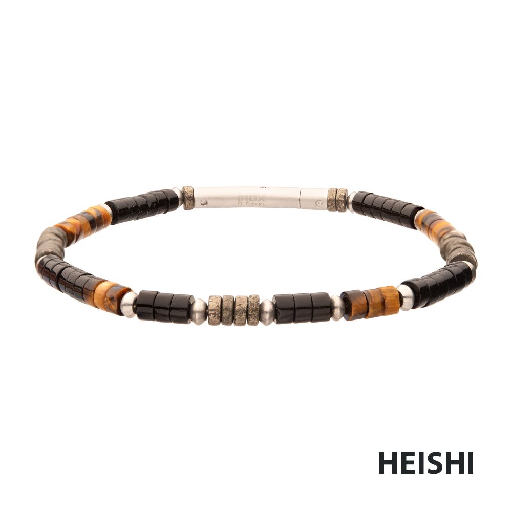 Front View INOX Pyro Sentinel (Onyx / Pyrite / Tiger-eye) Heishi Bead Bracelet